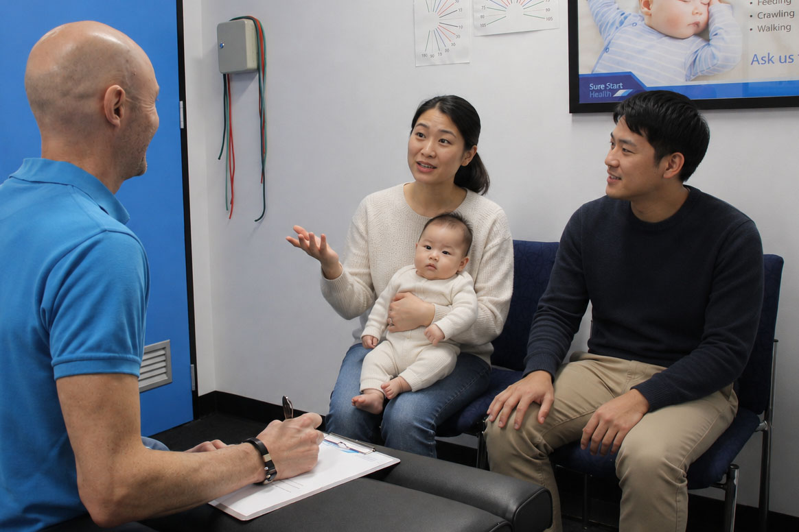 Chiropractor discussing flat head syndrome (plagiocephaly) with parents during a baby's assessment