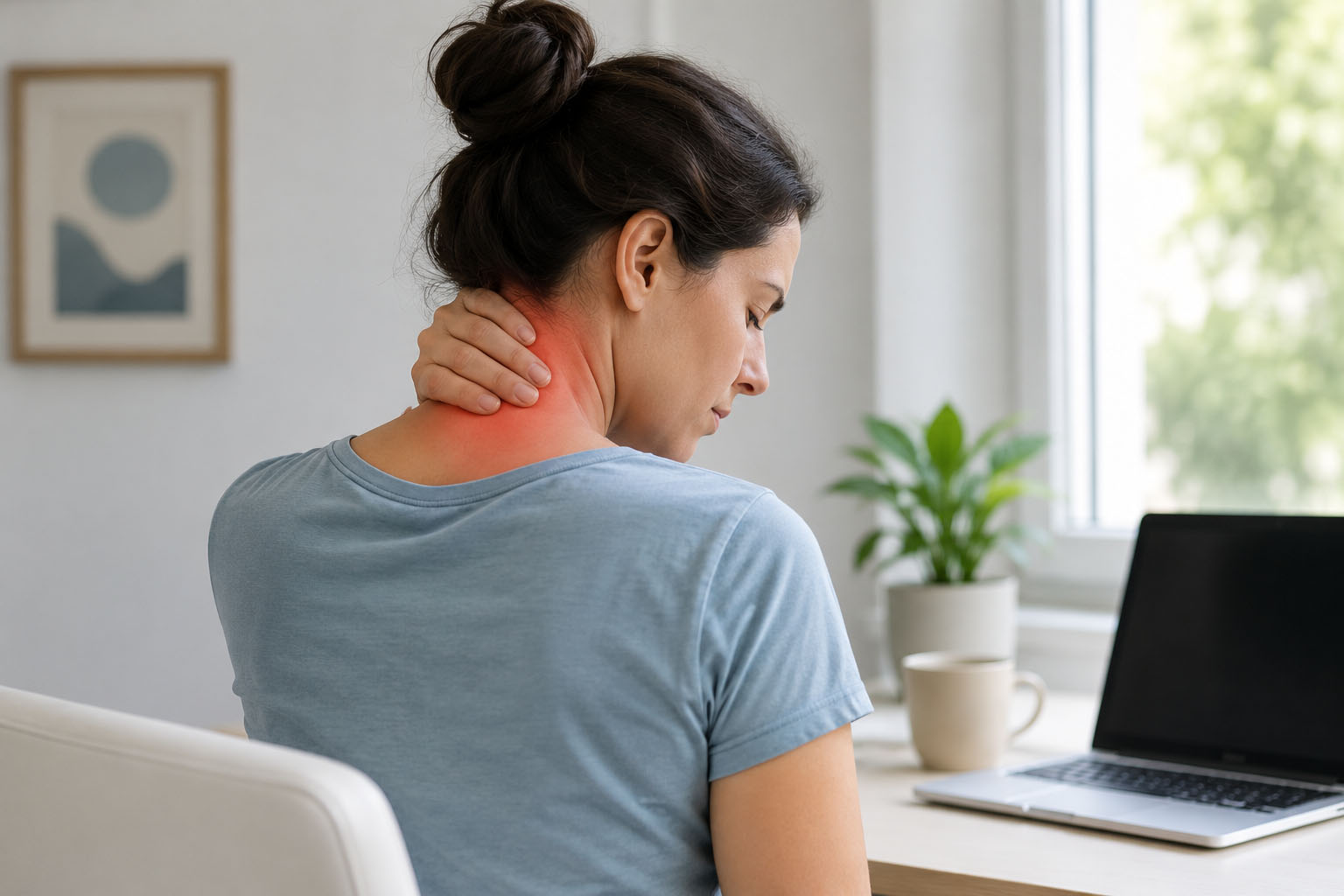Woman experiencing neck pain while sitting at a desk, illustrating persistent neck pain assessment by a chiropractor in Adelaide.