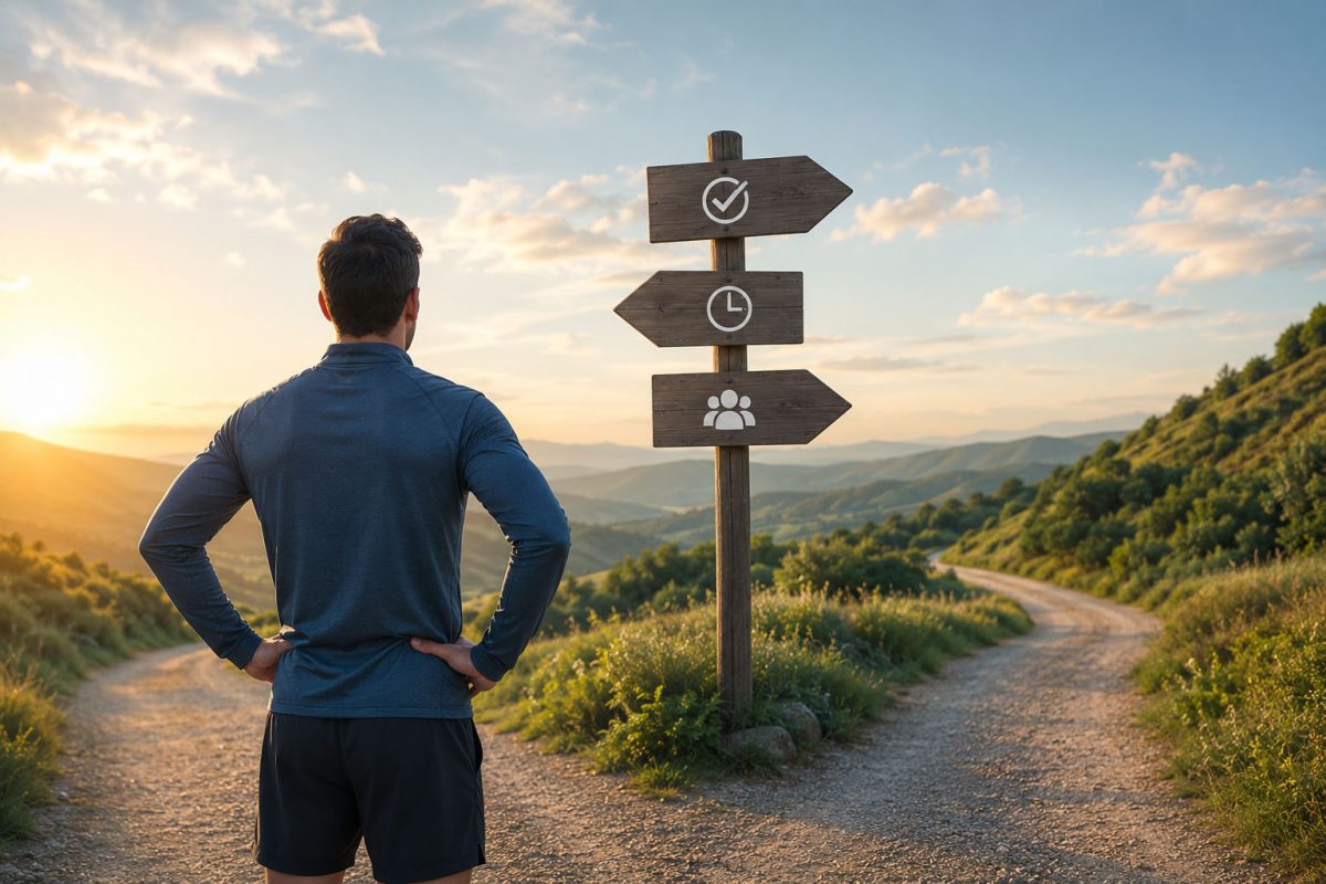 Person standing at a fork in the road, symbolising the different care options available after recovering from back or neck pain.