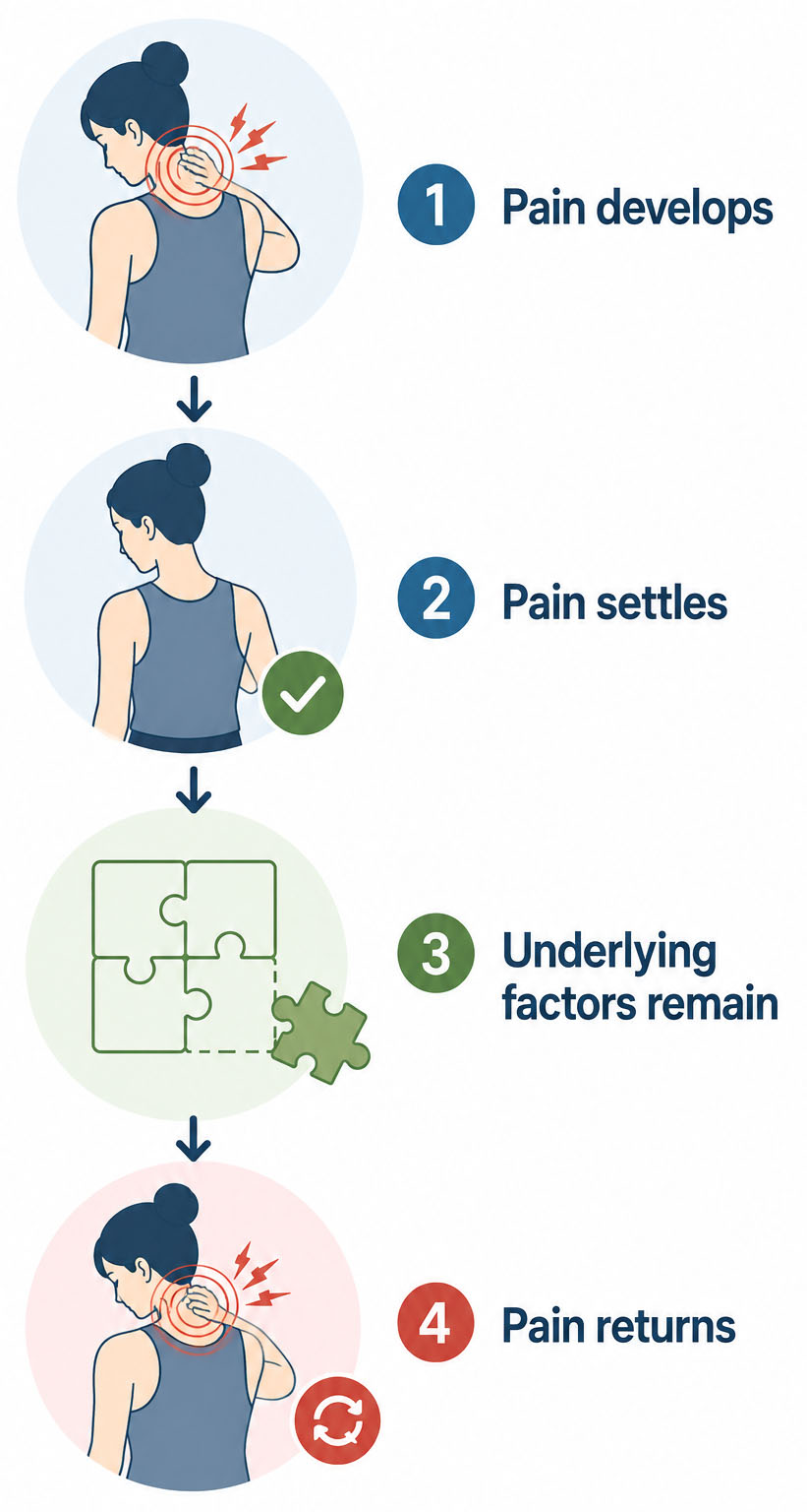 Infographic showing how neck pain can improve temporarily while underlying factors remain, leading to recurring episodes of neck pain.