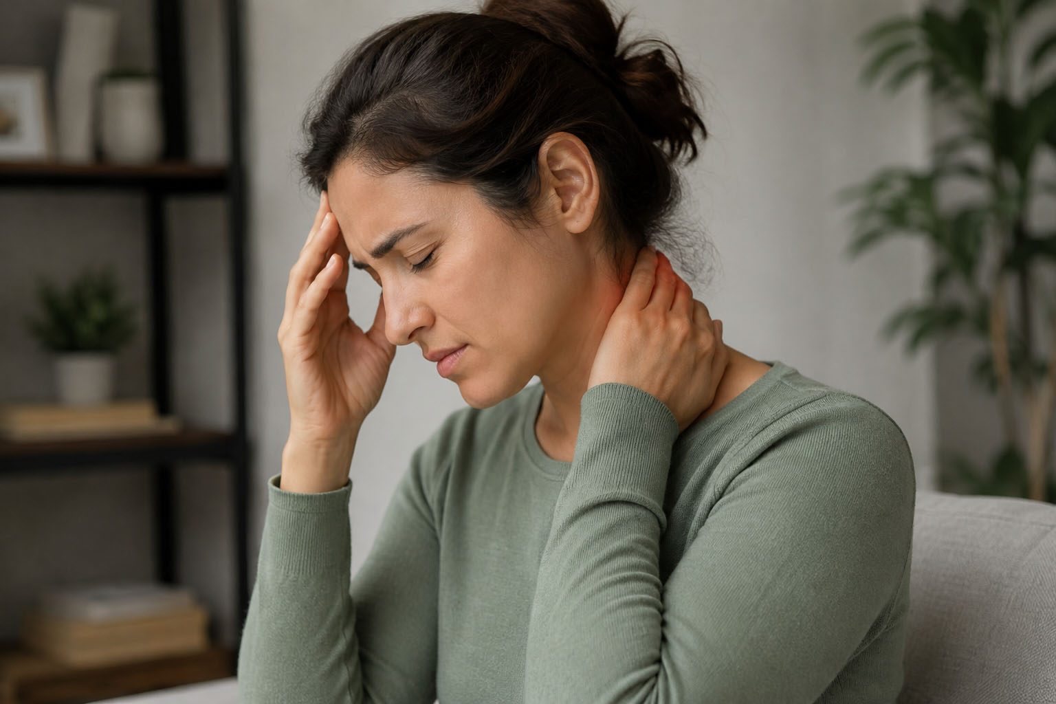 Woman experiencing a headache with neck pain at the base of her skull