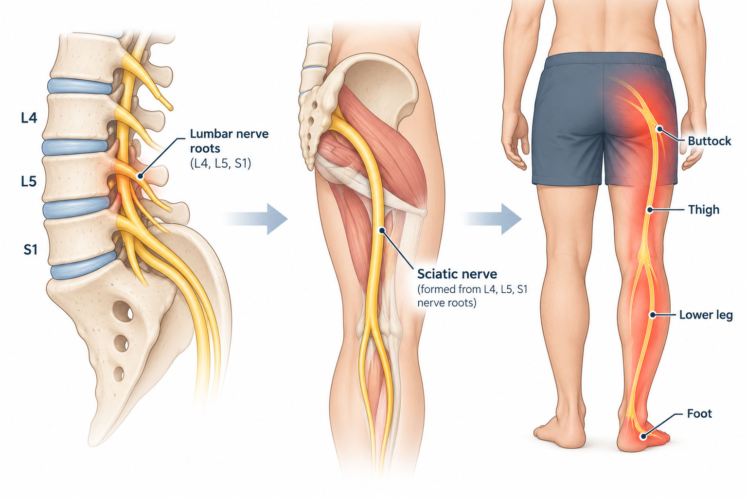 Diagram showing lumbar nerve roots forming the sciatic nerve and its pathway down the leg